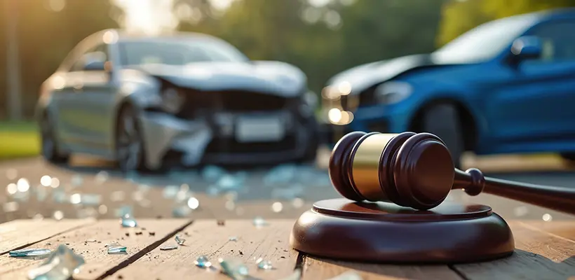 Two cars that have crashed into each other beside a gavel to represent a personal injury that a personal injury lawyer would need to review.